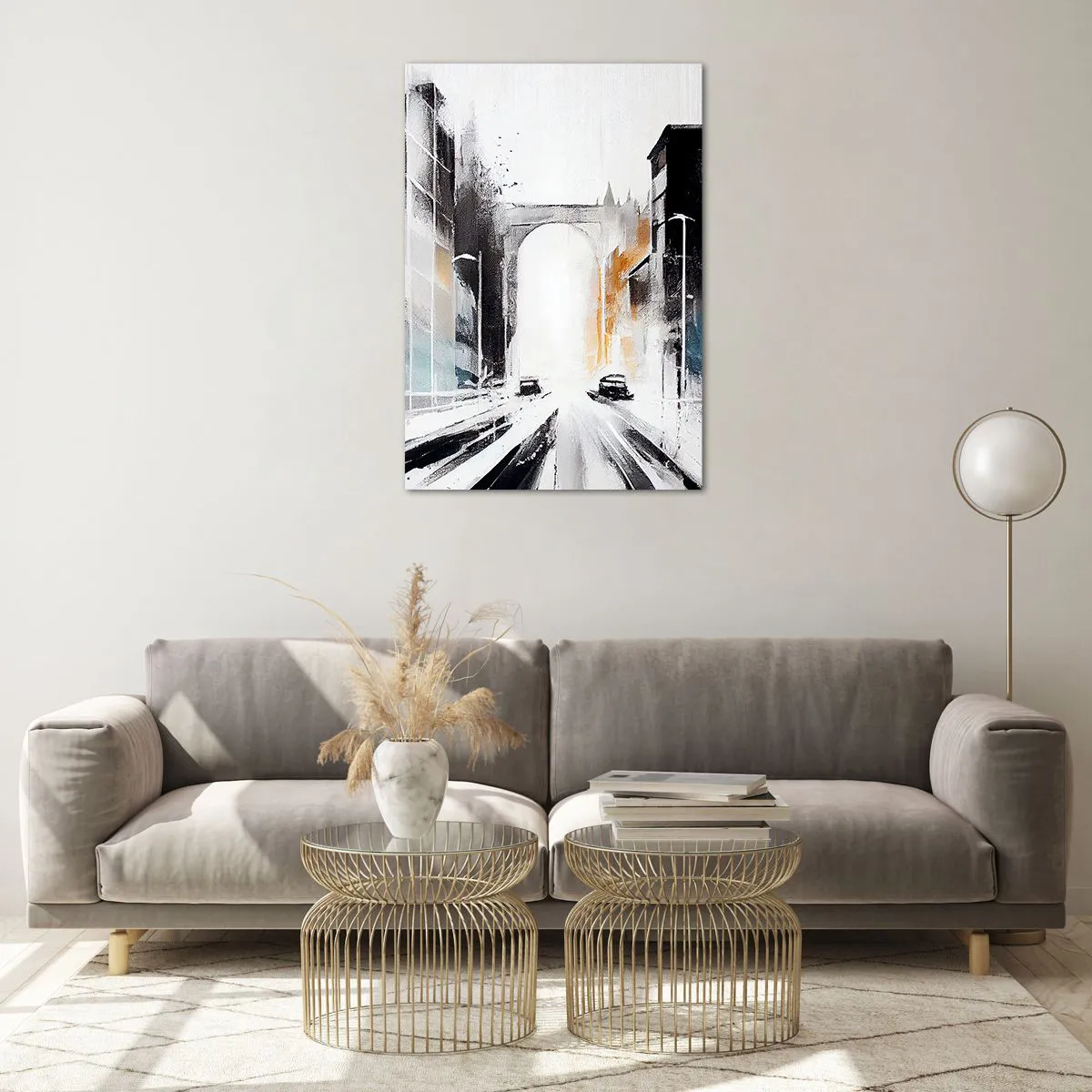 Glasbild - Bild auf glas - Abstraktes Stadtpanorama mit einer Bogenbrücke - 70x100cm - Stadtstudie: Architektur und Bewegung - Moderne Wanddekoration für Wohnzimmer und Schlafzimmer ARTTOR