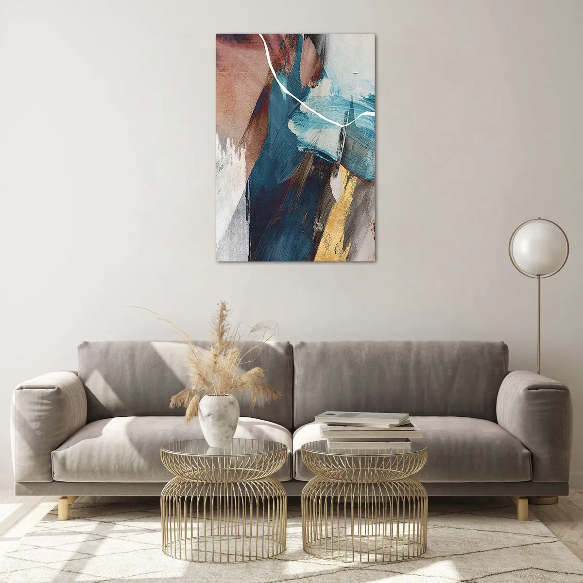 Impression sur verre - Image sur verre - Coups de pinceau abstraits dans des tons de bleu et d'or - 70x100cm - Avec panache et énergie - Décoration murale moderne pour le salon et la chambre ARTTOR