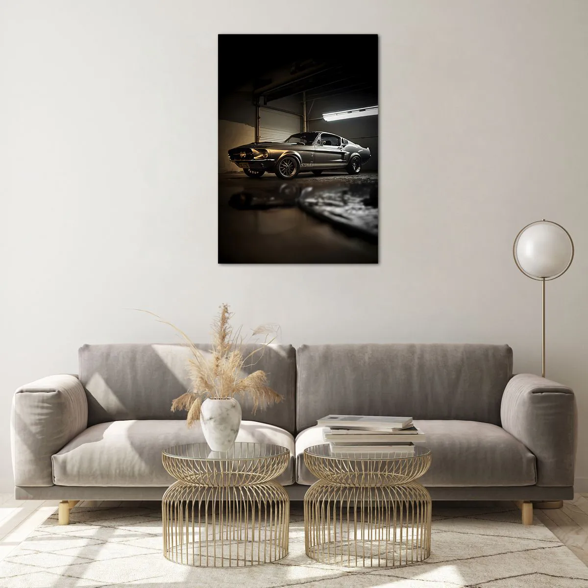Glasbild - Bild auf glas - Oldtimer in Retro-Garage - 70x100cm - Zurück in die Vergangenheit - Moderne Wanddekoration für Wohnzimmer und Schlafzimmer ARTTOR