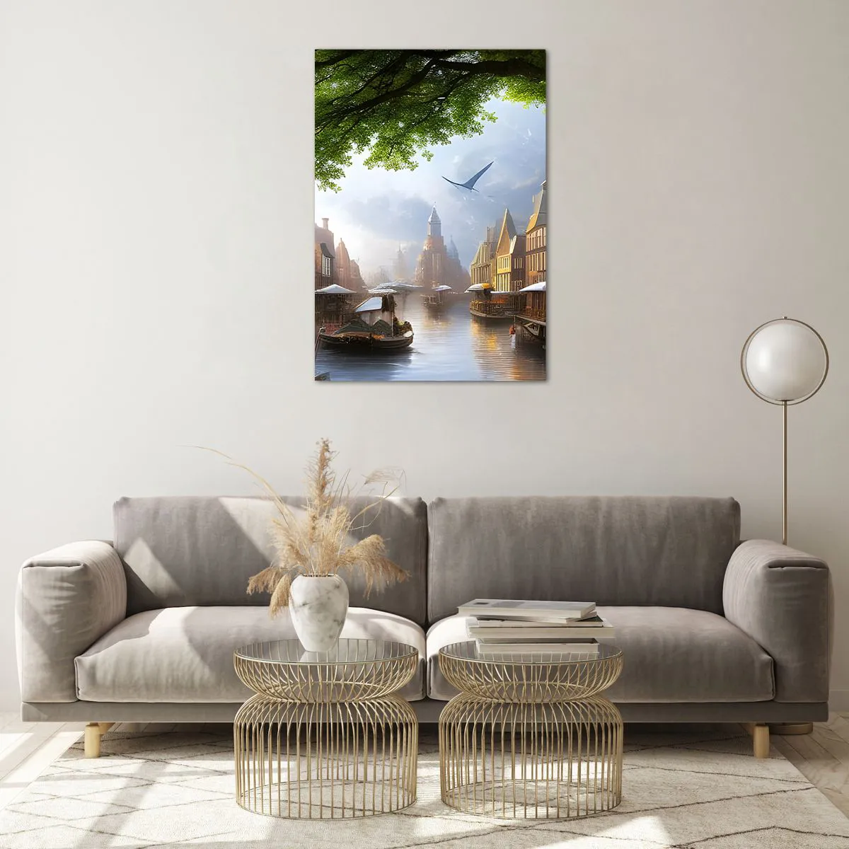Impression sur verre - Image sur verre - Un paysage hollandais pittoresque avec un canal et des maisons de rapport - 70x100cm - Paysage urbain néerlandais - Décoration murale moderne pour le salon et la chambre ARTTOR