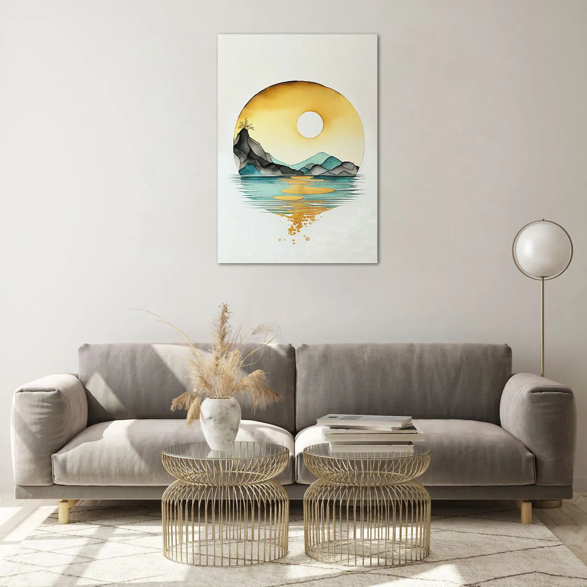 Obraz na szkle - Akwarelowy pejzaż gór i jeziora w złotej poświacie zachodzącego słońca - 70x100cm - W kręgu piękna - Nowoczesna dekoracja ścienna do salonu i sypialni ARTTOR