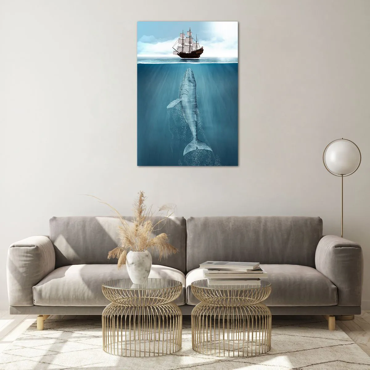 Obraz na szkle - Statek żaglowy na powierzchni oceanu, pod nim zanurzony wieloryb - 70x100cm - Lepiej nie wiedzieć - Nowoczesna dekoracja ścienna do salonu i sypialni ARTTOR
