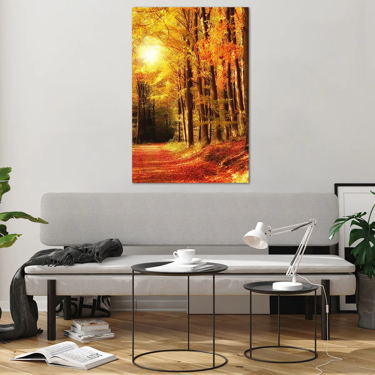 Glasbild - Bild auf glas - Herbstwald mit Sonnenstrahlen, die durch die Bäume scheinen - 80x120cm - Goldener Herbst auf einer Forststraße - Moderne Wanddekoration für Wohnzimmer und Schlafzimmer ARTTOR