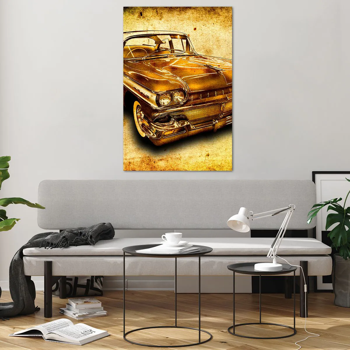 Glasbild - Bild auf glas - Ein goldenes klassisches Retro-Auto auf einem Vintage-Hintergrund mit gealtertem Effekt. - 80x120cm - Die unvergängliche Schönheit der Klassiker - Moderne Wanddekoration für Wohnzimmer und Schlafzimmer ARTTOR