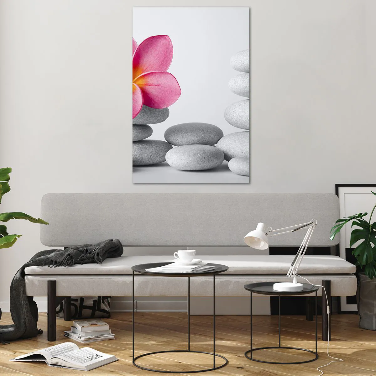 Quadro su vetro - Fiore rosa su pietre in stile zen - 80x120cm - Pietra su pietra, e su questa pietra... - Decorazione murale moderna per soggiorno e camera da letto ARTTOR