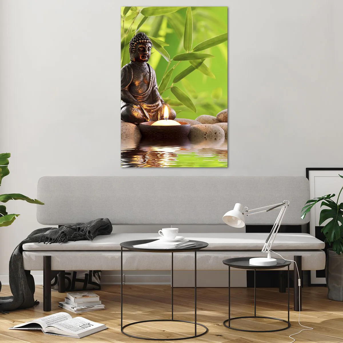 Obraz na szkle - Figura Buddy z kamieniami i świeczką na tle bambusa - 80x120cm - Życie jest piękne - Nowoczesna dekoracja ścienna do salonu i sypialni ARTTOR