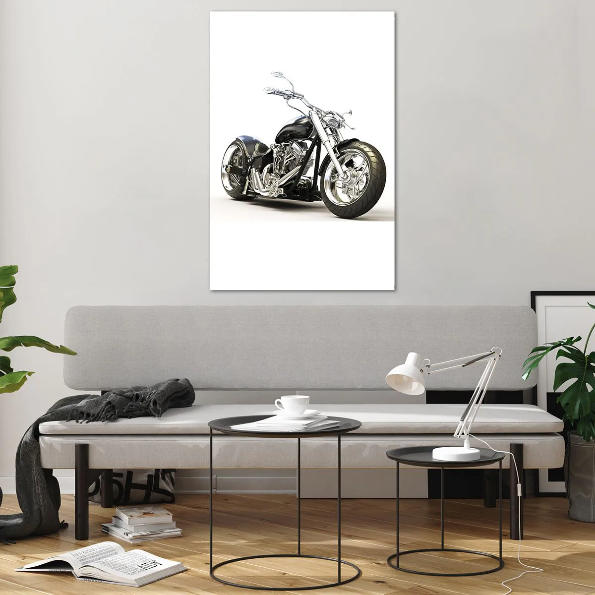 Obraz na szkle - Stylowy czarny motocykl na białym tle - 80x120cm - Siła z charakterem - Nowoczesna dekoracja ścienna do salonu i sypialni ARTTOR