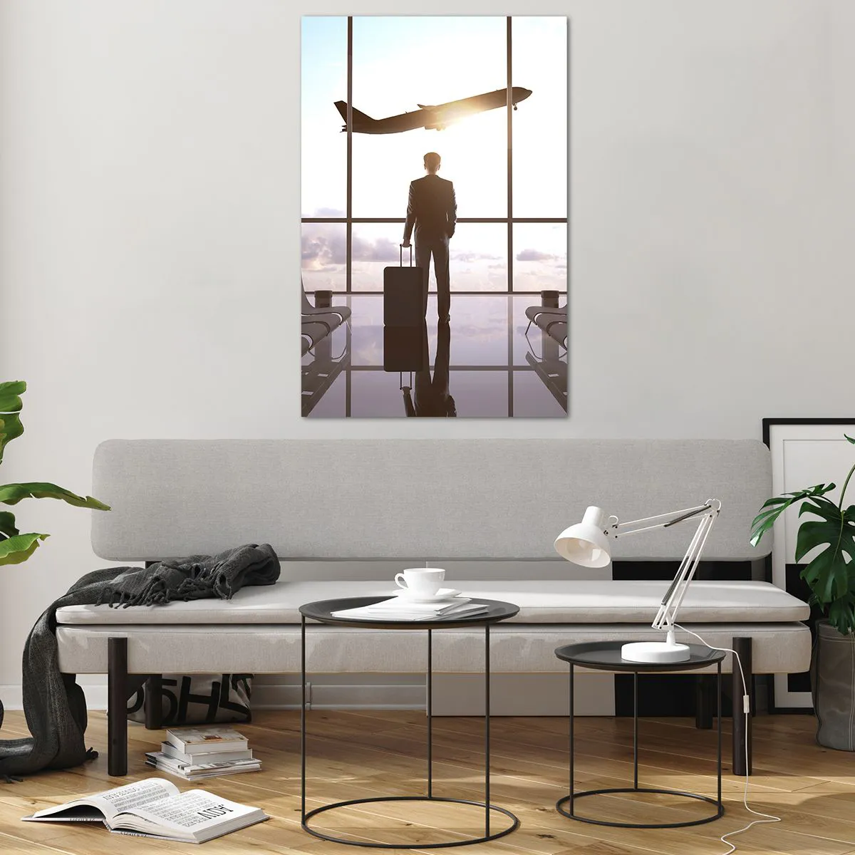 Cuadro sobre vidrio - Impresiones sobre Vidrio - Hombre de negocios en el aeropuerto con un avión al fondo - 80x120cm - Tienes tiempo, tranquilo - Decoración de pared moderna para salón y dormitorio ARTTOR