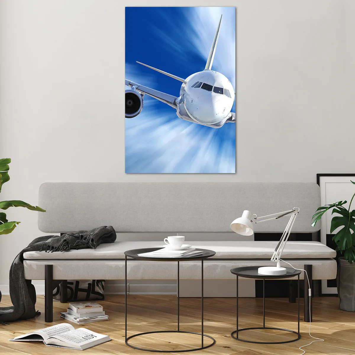 Cuadro sobre vidrio - Impresiones sobre Vidrio - Un avión de pasajeros en movimiento contra el cielo. - 80x120cm - Más rápido que el viento en el cielo - Decoración de pared moderna para salón y dormitorio ARTTOR