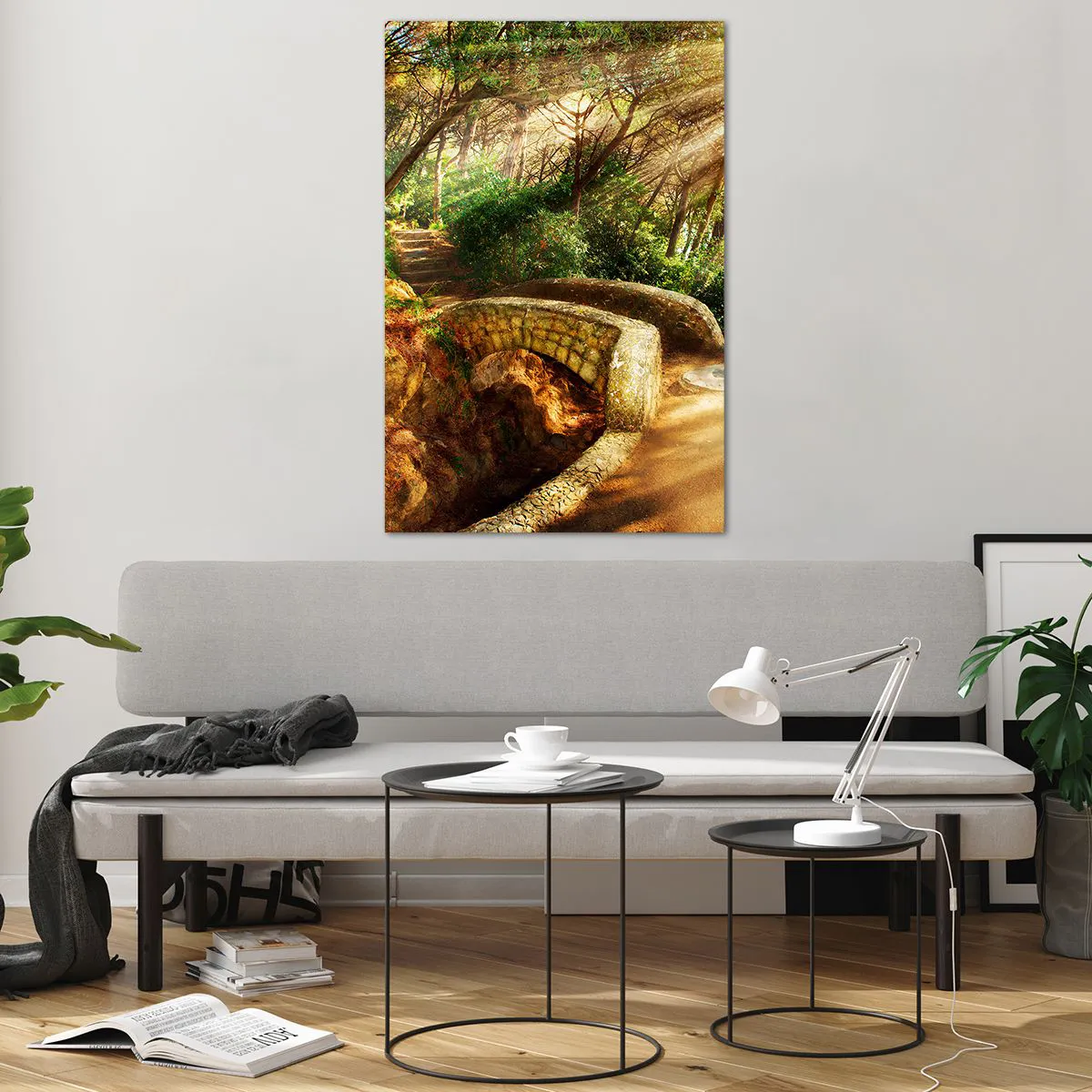 Impression sur verre - Image sur verre - Paysage forestier avec des rayons de soleil et un pont de pierre - 80x120cm - Directement du pont dans une forêt de conte de fées - Décoration murale moderne pour le salon et la chambre ARTTOR
