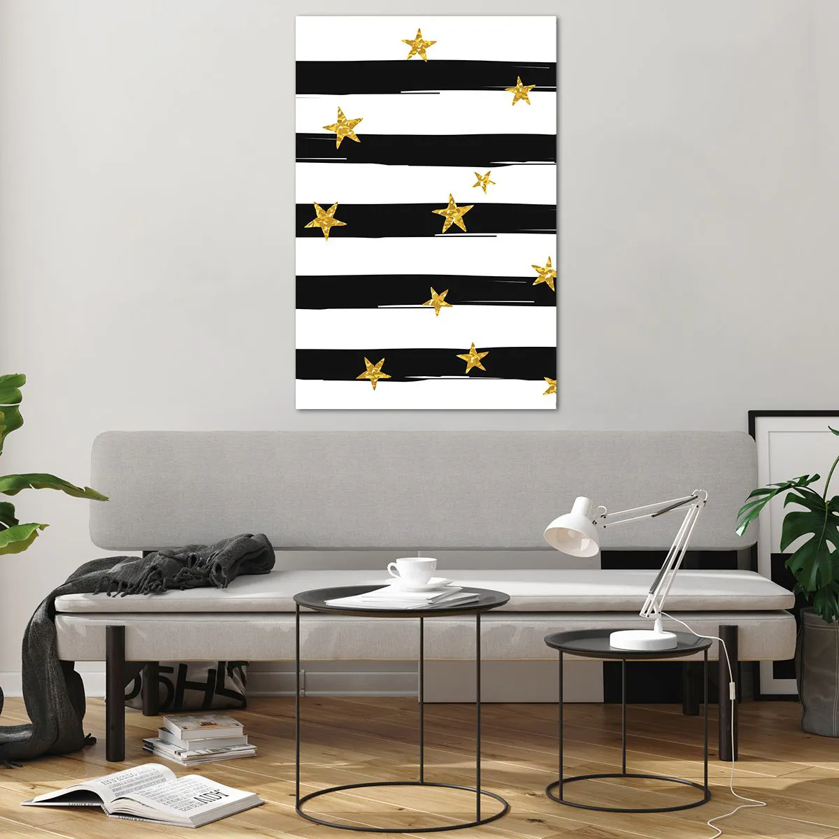 Obraz na szkle - Czarno-białe pasy z złotymi gwiazdkami - 80x120cm - Wszyscy urodziliśmy się pod szczęśliwą gwiazdą - Nowoczesna dekoracja ścienna do salonu i sypialni ARTTOR