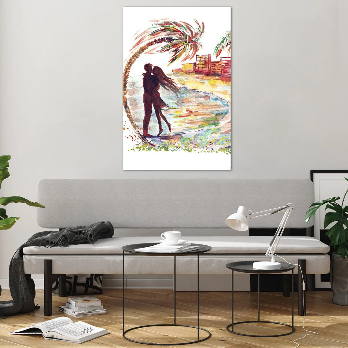 Obraz na szkle - Romantyczna scena pary na plaży z palmami w akwareli - 80x120cm - Romantyczne wakacje - Nowoczesna dekoracja ścienna do salonu i sypialni ARTTOR