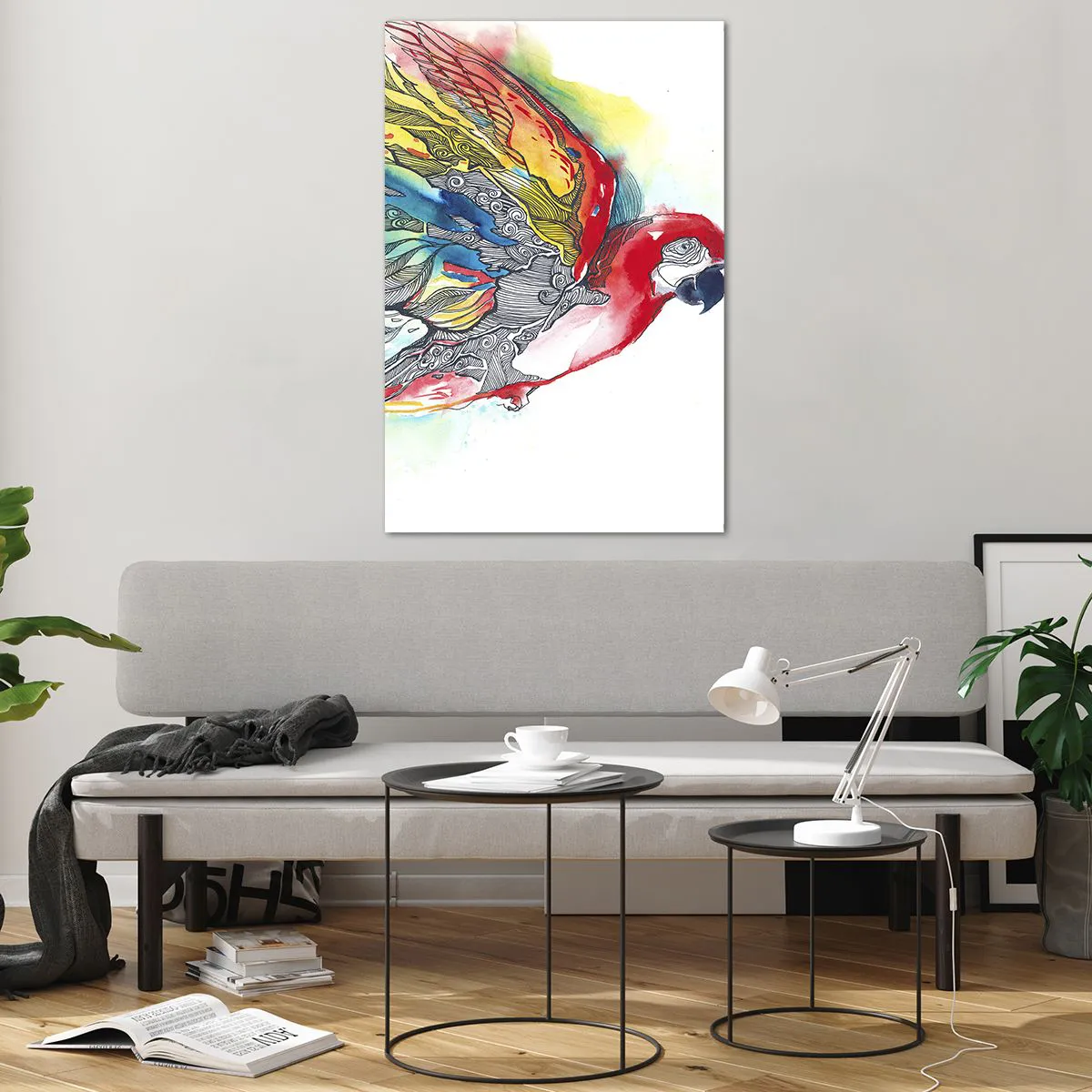 Impression sur verre - Image sur verre - Un perroquet coloré en vol avec des motifs abstraits sur ses ailes. - 80x120cm - Vivez haut en couleurs - Décoration murale moderne pour le salon et la chambre ARTTOR