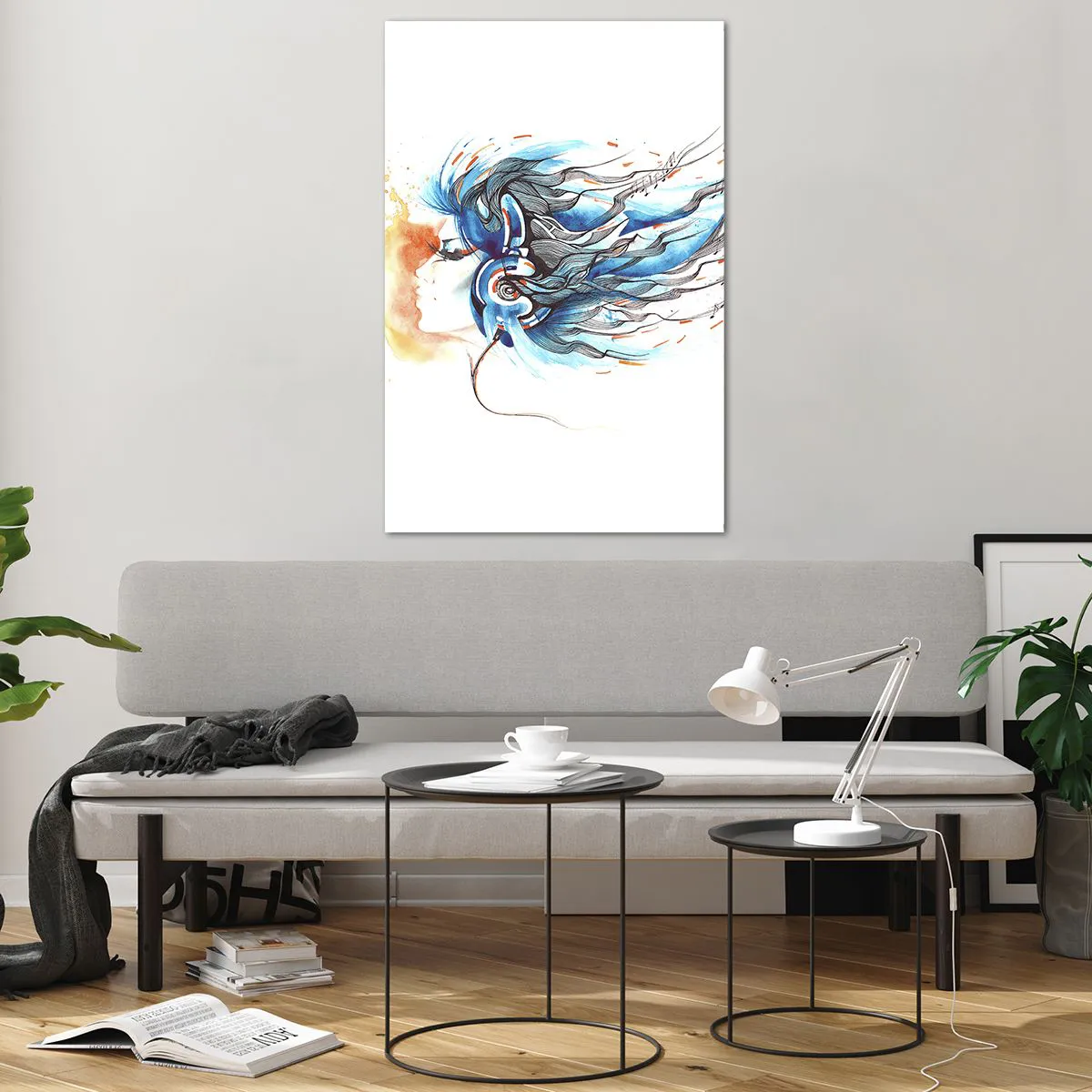 Obraz na szkle - Artystyczna grafika kobiety w słuchawkach z muzycznymi akcentami - 80x120cm - Niech gra muzyka - Nowoczesna dekoracja ścienna do salonu i sypialni ARTTOR