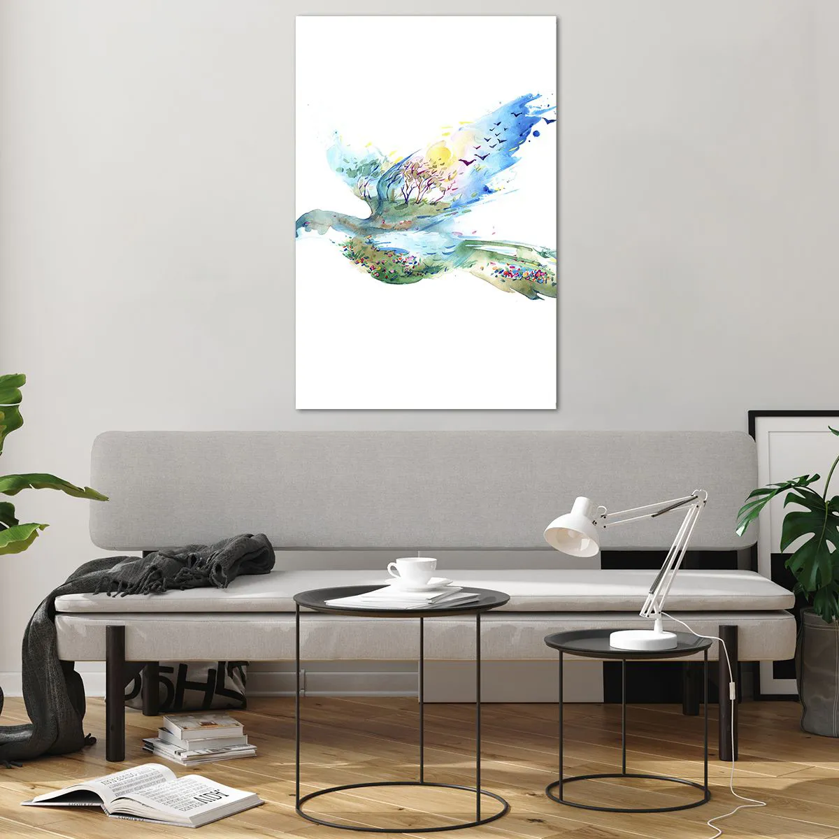 Glasbild - Bild auf glas - Aquarellkomposition eines Vogels mit Elementen der Natur - 80x120cm - Auf den Flügeln der Natur - Moderne Wanddekoration für Wohnzimmer und Schlafzimmer ARTTOR