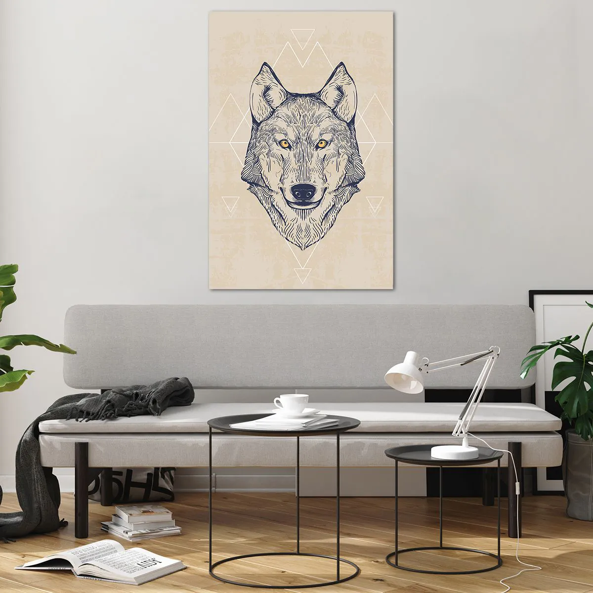 Impression sur verre - Image sur verre - Un loup géométrique sur fond clair avec des motifs minimalistes. - 80x120cm - Un alpha au regard pénétrant - Décoration murale moderne pour le salon et la chambre ARTTOR