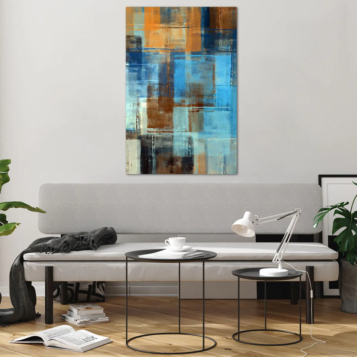 Cuadro sobre vidrio - Impresiones sobre Vidrio - Composición geométrica abstracta en tonos azules y marrones. - 80x120cm - A través del velo azul - Decoración de pared moderna para salón y dormitorio ARTTOR