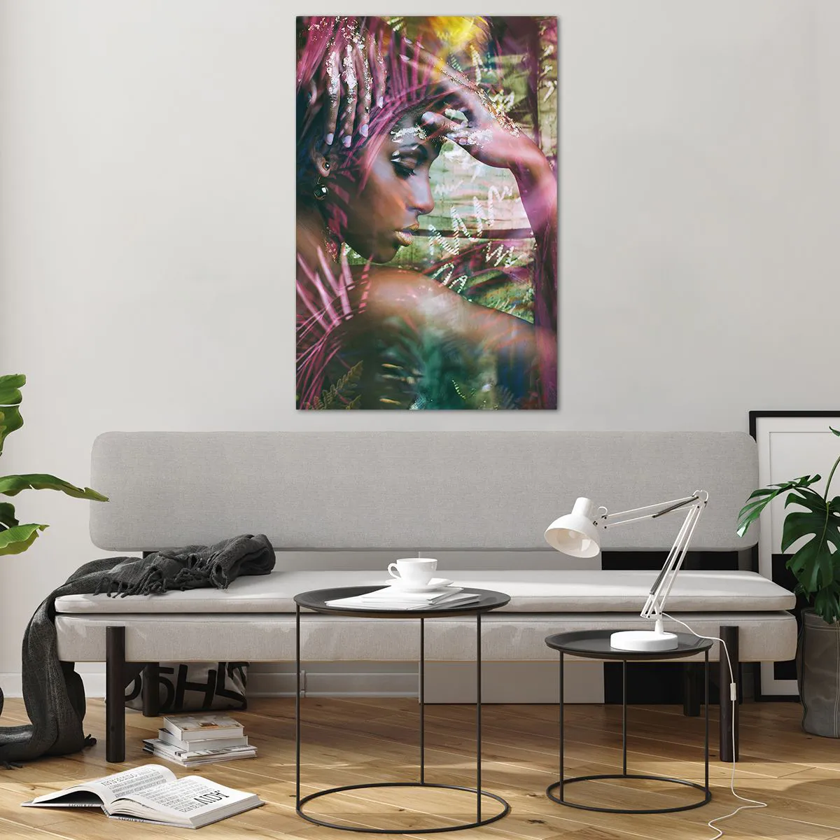 Impression sur verre - Image sur verre - Portrait d'une femme entourée d'une végétation exotique - 80x120cm - Dame Nature dans la jungle - Décoration murale moderne pour le salon et la chambre ARTTOR