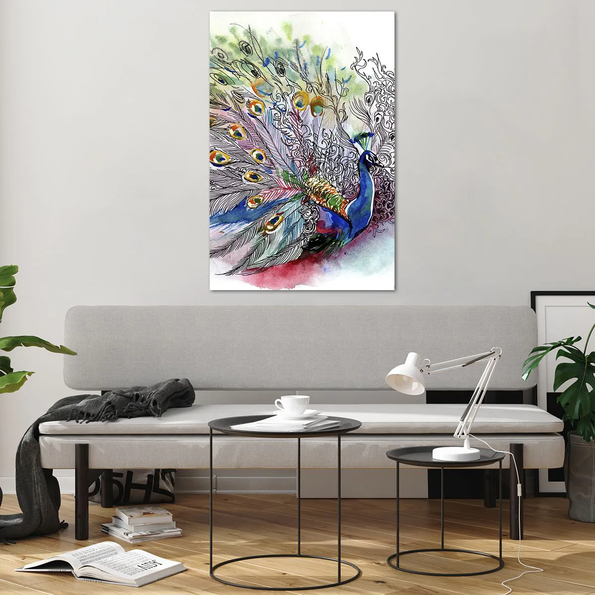 Impression sur verre - Image sur verre - Un paon dans un style aquarelle coloré avec des plumes abstraites - 80x120cm - Avec fierté contre la grisaille - Décoration murale moderne pour le salon et la chambre ARTTOR