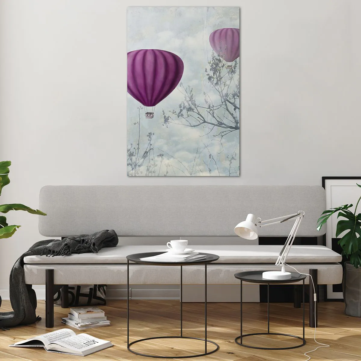 Impression sur verre - Image sur verre - Des ballons violets flottant au-dessus des arbres dans les nuages - 80x120cm - Comme des navires dans le ciel - Décoration murale moderne pour le salon et la chambre ARTTOR