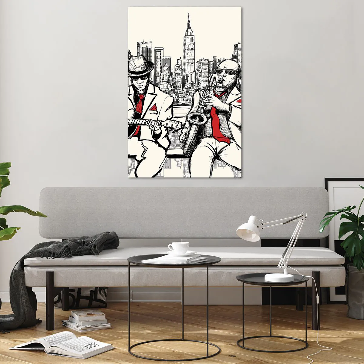 Obraz na szkle - Jazzowy duet z saksofonem i gitarą na tle miasta - 80x120cm - Nowojorska improwizacja - Nowoczesna dekoracja ścienna do salonu i sypialni ARTTOR