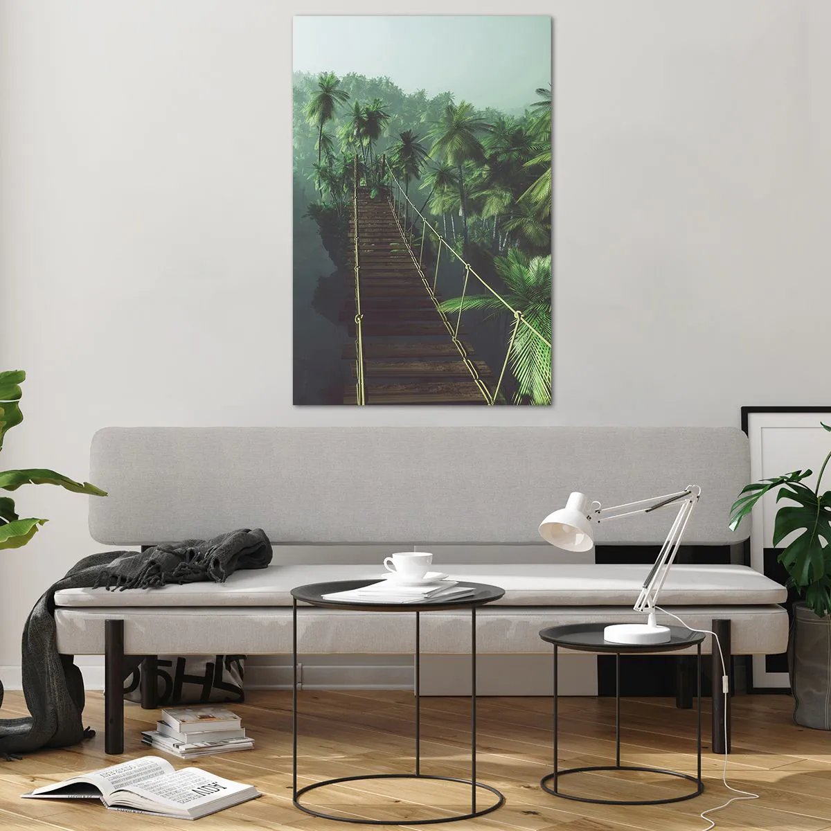 Impression sur verre - Image sur verre - Un pont suspendu dans une forêt tropicale entourée de brouillard. - 80x120cm - Au fil de la verdure - Décoration murale moderne pour le salon et la chambre ARTTOR