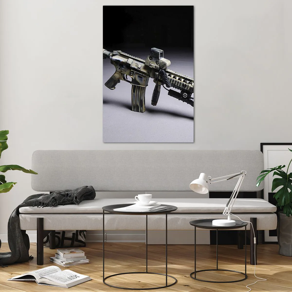 Obraz na szkle - Nowoczesna broń w kolorze kamuflażu na ciemnym tle - 80x120cm - Zawsze grożny - Nowoczesna dekoracja ścienna do salonu i sypialni ARTTOR