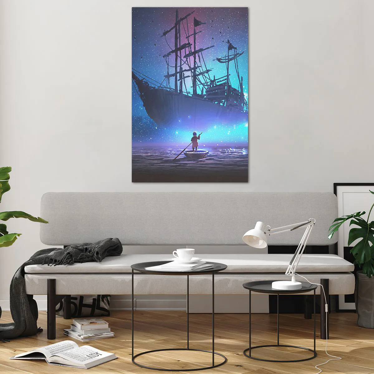 Quadro su vetro - Una nave fantastica contro il cielo stellato - 80x120cm - Incontro con il mito del mare - Decorazione murale moderna per soggiorno e camera da letto ARTTOR