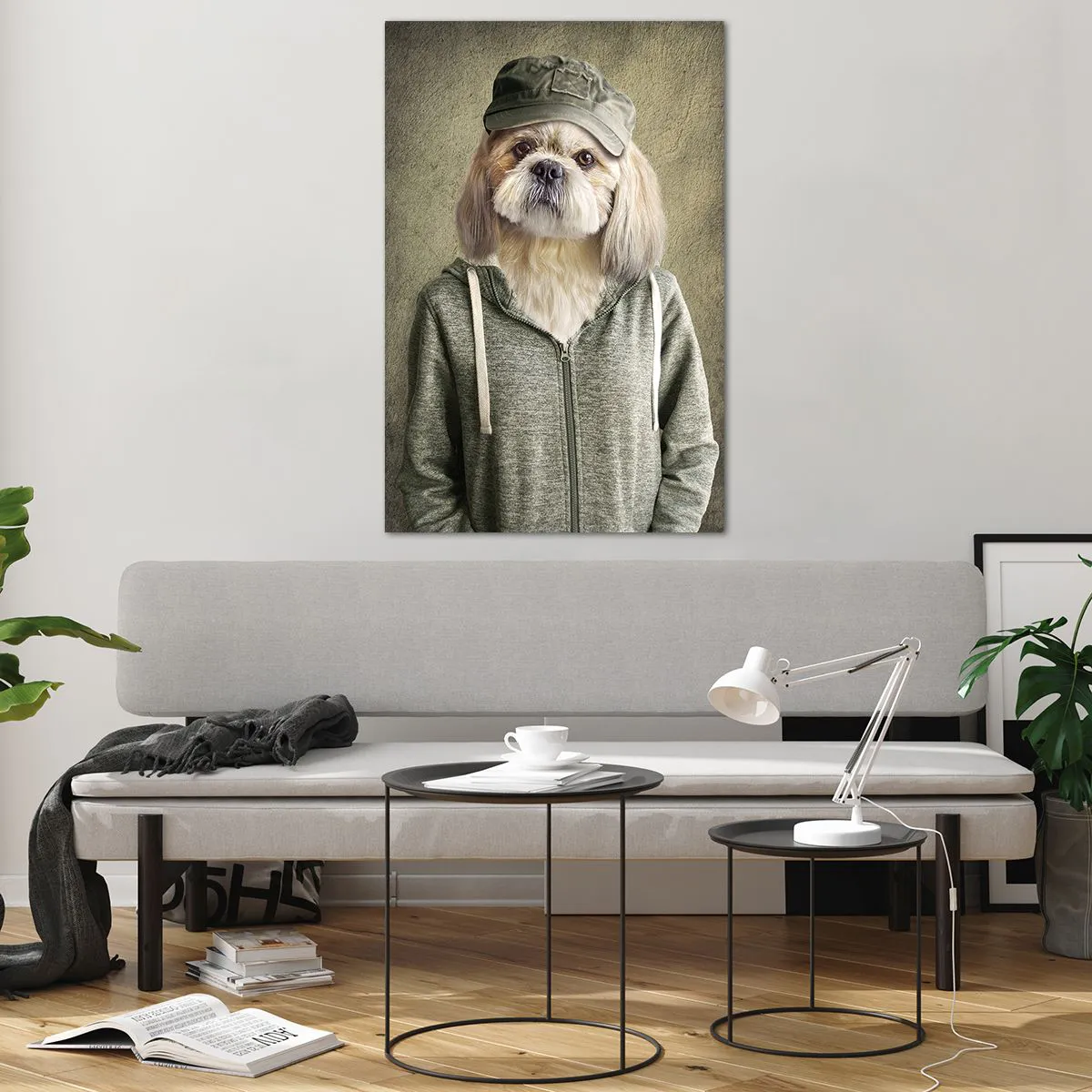 Cuadro sobre vidrio - Impresiones sobre Vidrio - Retratos estilizados de un león, un perro y un elefante con ropa elegante. - 80x120cm - Prefiero tomármelo con calma - Decoración de pared moderna para salón y dormitorio ARTTOR