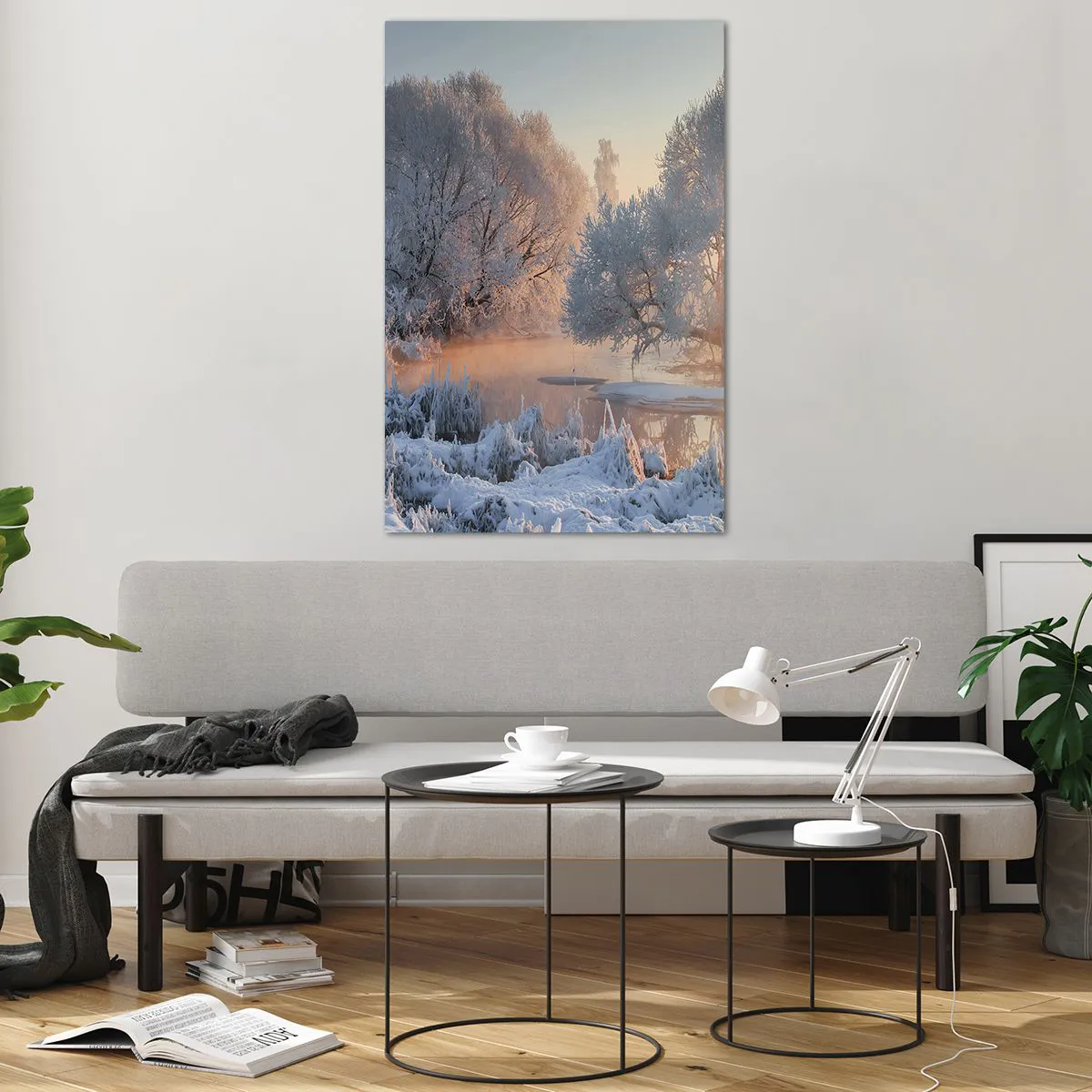 Obraz na szkle - Zimowy krajobraz z ośnieżonymi drzewami i zachodem słońca - 80x120cm - Wszystko w słonecznym lśni krysztale - Nowoczesna dekoracja ścienna do salonu i sypialni ARTTOR