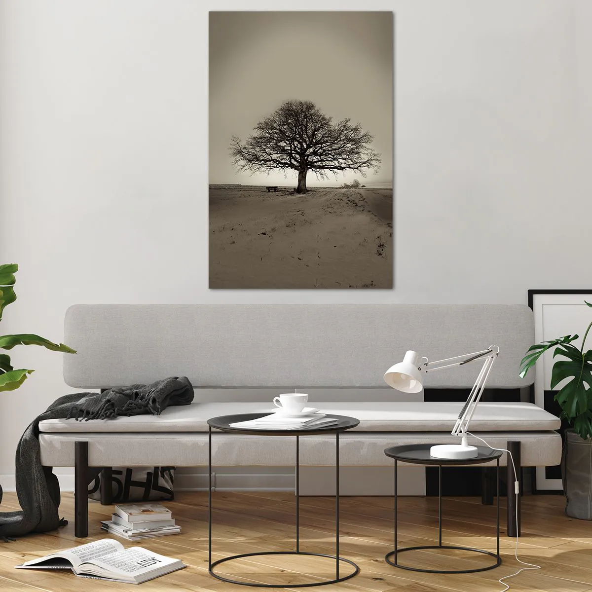 Glasbild - Bild auf glas - Ein einsamer Baum in einem Sepia-Feld - 80x120cm - Von hier zu Ewigkeit - Moderne Wanddekoration für Wohnzimmer und Schlafzimmer ARTTOR