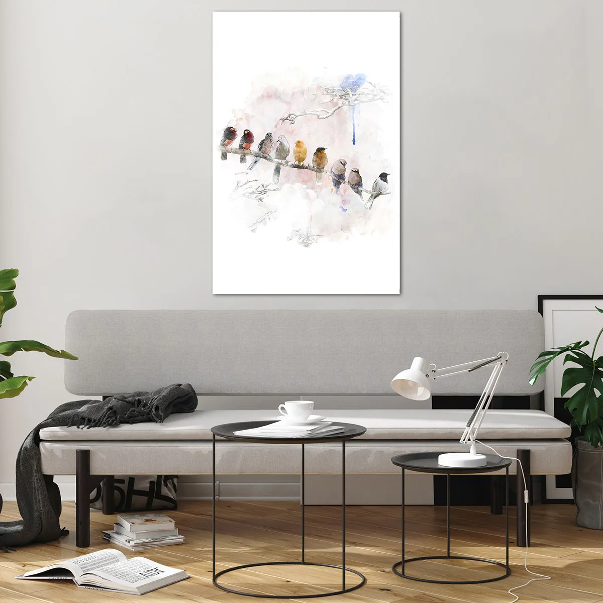 Glasbild - Bild auf glas - Bunte Vögel auf einem Ast im Aquarellstil - 80x120cm - Geflügeltes Treffen - Moderne Wanddekoration für Wohnzimmer und Schlafzimmer ARTTOR