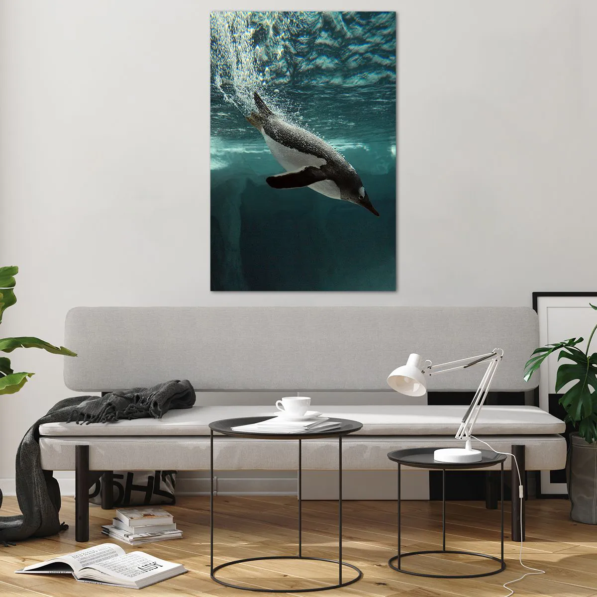 Glasbild - Bild auf glas - Ein Pinguin taucht in die Tiefen des eisigen Wassers - 80x120cm - Willkommen in meiner Welt - Moderne Wanddekoration für Wohnzimmer und Schlafzimmer ARTTOR