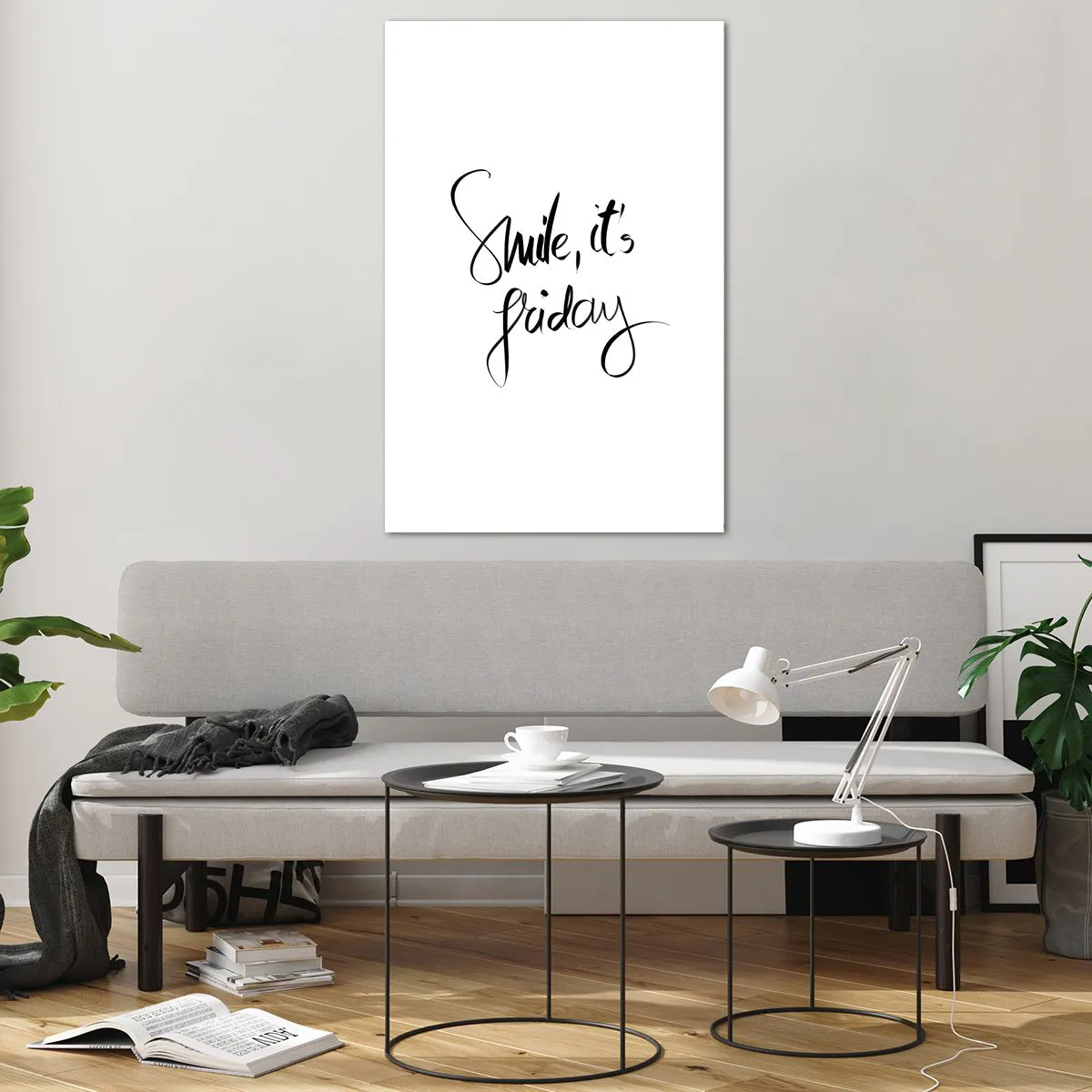 Impression sur verre - Image sur verre - Lettrage noir et blanc Souriez, c'est vendredi - 80x120cm - Joie réelle - Décoration murale moderne pour le salon et la chambre ARTTOR