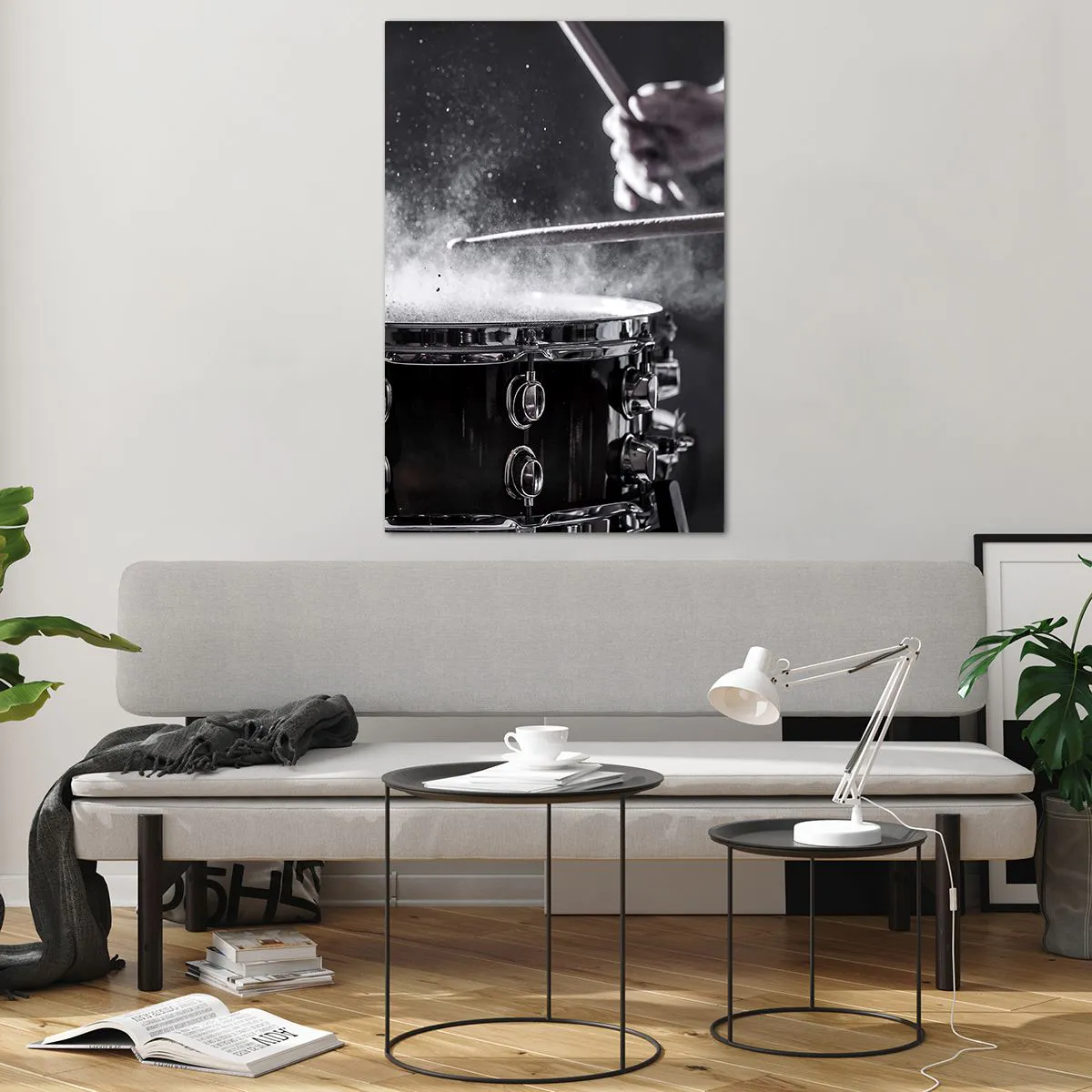 Quadro su vetro - Colpire il rullante con le bacchette con effetto polvere - 80x120cm - Il polso della musica - Decorazione murale moderna per soggiorno e camera da letto ARTTOR