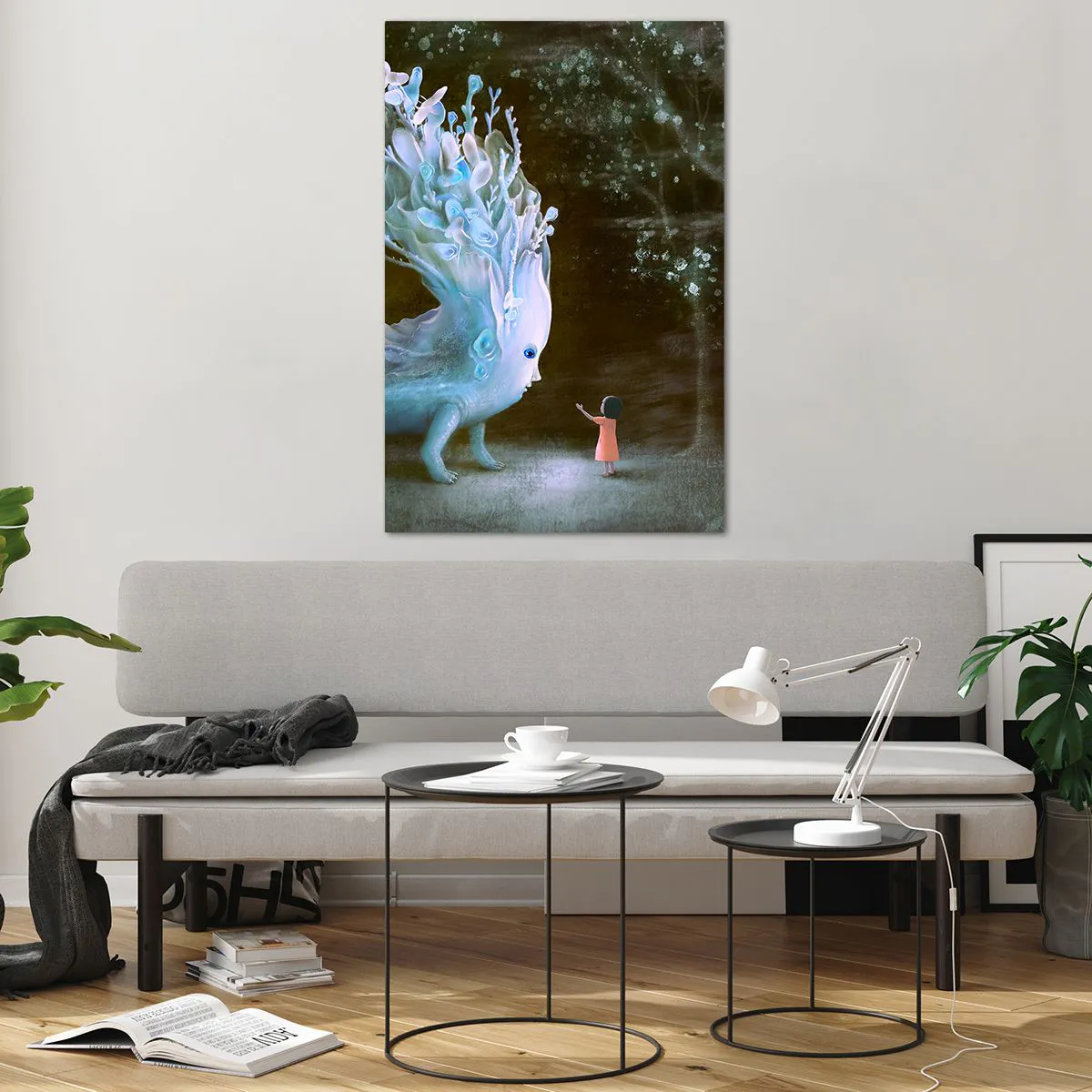 Quadro su vetro - La figura di una ragazza di fronte a una creatura fantastica - 80x120cm - Incontro fantastico - Decorazione murale moderna per soggiorno e camera da letto ARTTOR