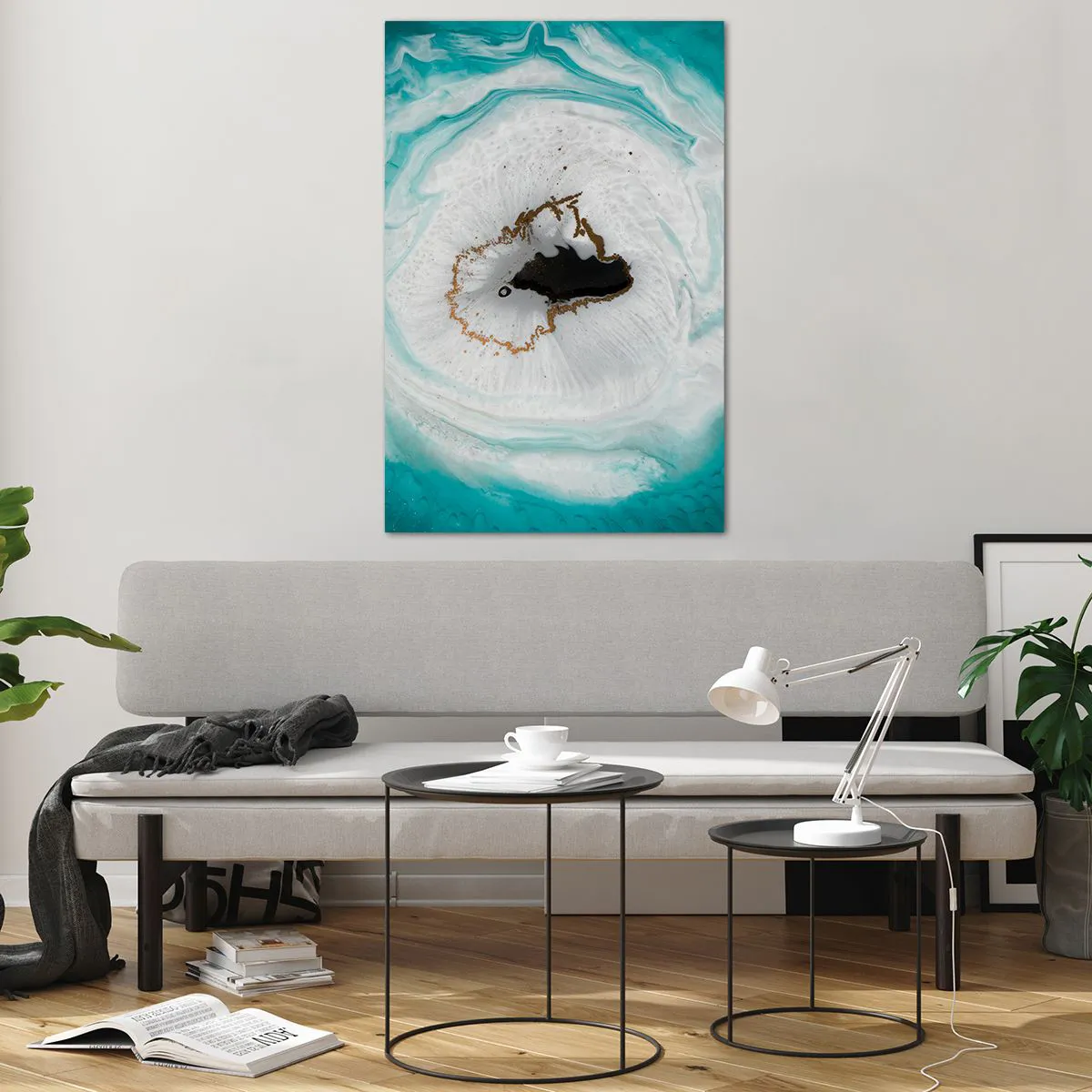 Glasbild - Bild auf glas - Abstraktes Geodenmotiv in Türkis-, Weiß- und Goldtönen - 80x120cm - Nach Innen eindringen - Moderne Wanddekoration für Wohnzimmer und Schlafzimmer ARTTOR