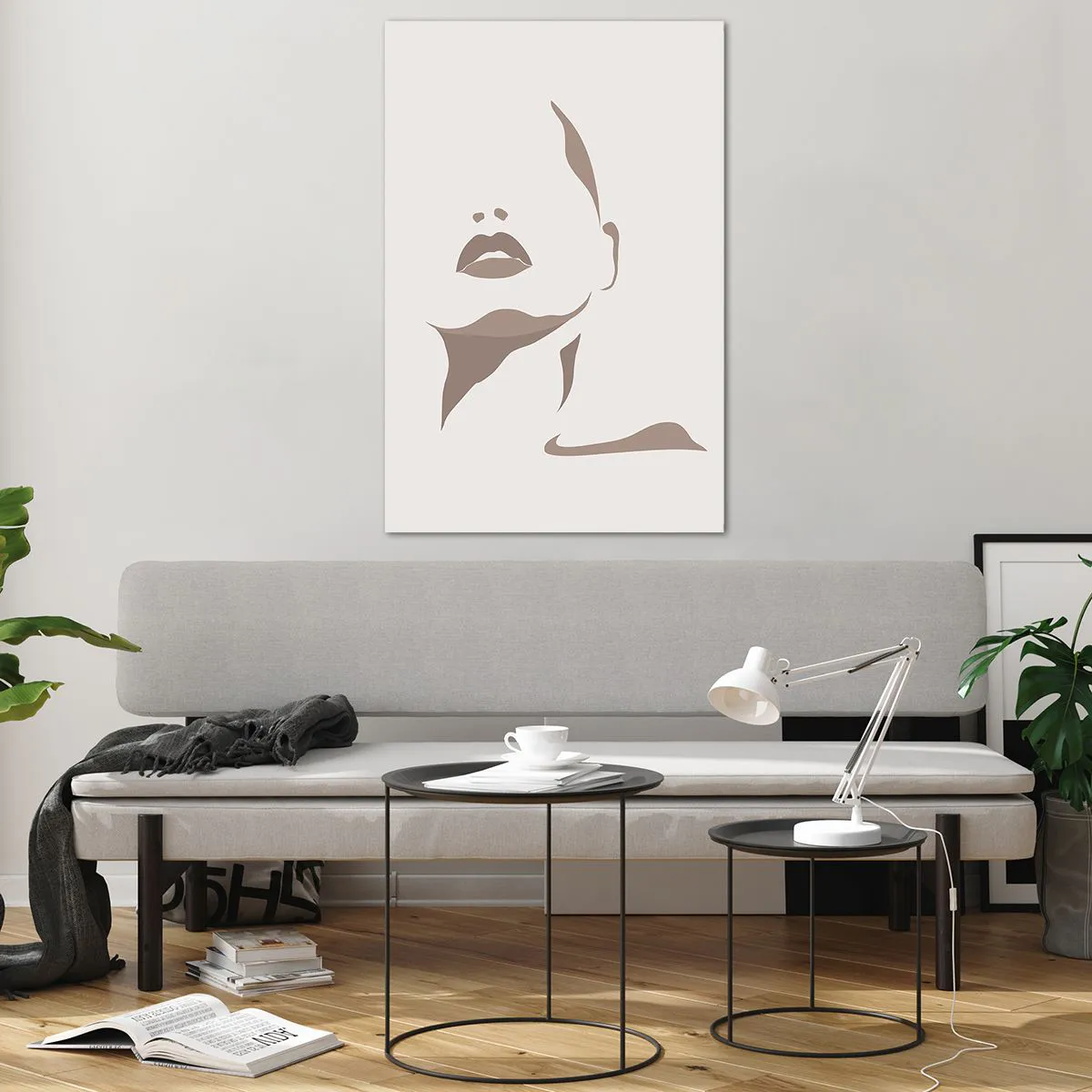 Cuadro sobre vidrio - Impresiones sobre Vidrio - Contorno minimalista del rostro de una mujer en delicados tonos beige. - 80x120cm - Creación a partir de la luz y la sombra - Decoración de pared moderna para salón y dormitorio ARTTOR