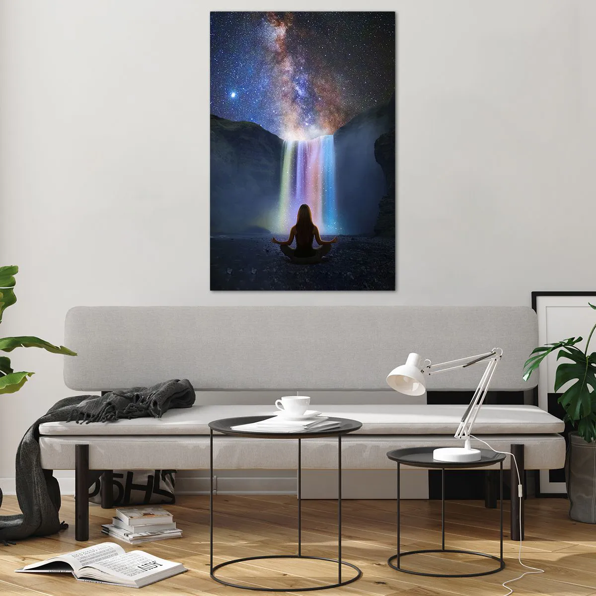Impression sur verre - Image sur verre - Méditation devant une cascade parmi les étoiles - 80x120cm - Harmonie absolue - Décoration murale moderne pour le salon et la chambre ARTTOR