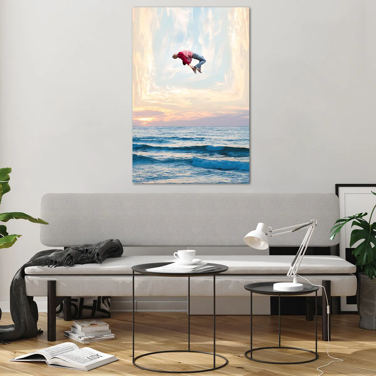 Impression sur verre - Image sur verre - Saut surréaliste au-dessus de la mer dans le cadre - 80x120cm - Vers une autre dimension - Décoration murale moderne pour le salon et la chambre ARTTOR