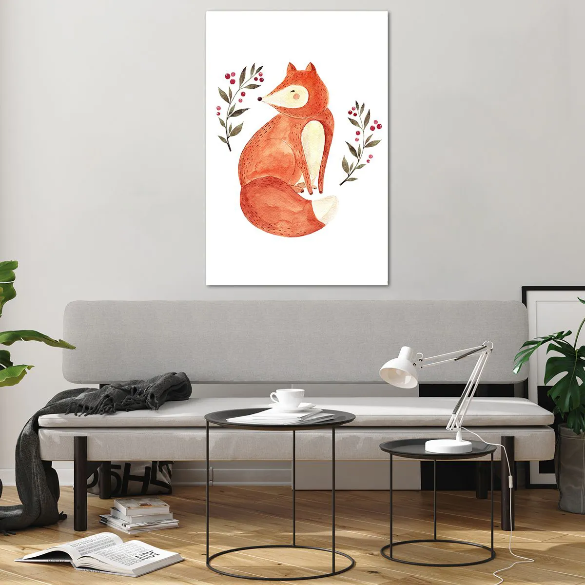 Cuadro sobre vidrio - Impresiones sobre Vidrio - Un zorro de acuarela rodeado de ramitas con bayas. - 80x120cm - Pequeño pelirrojo - Decoración de pared moderna para salón y dormitorio ARTTOR