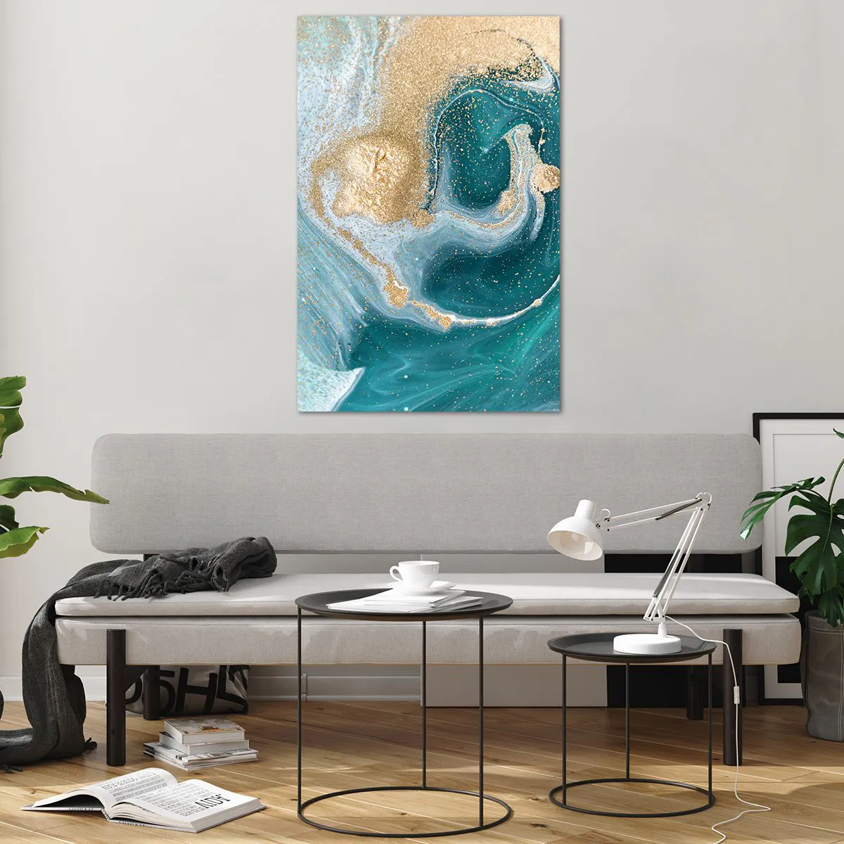 Billede på glas - En hvirvel af guld og turkis - 80x120 cm