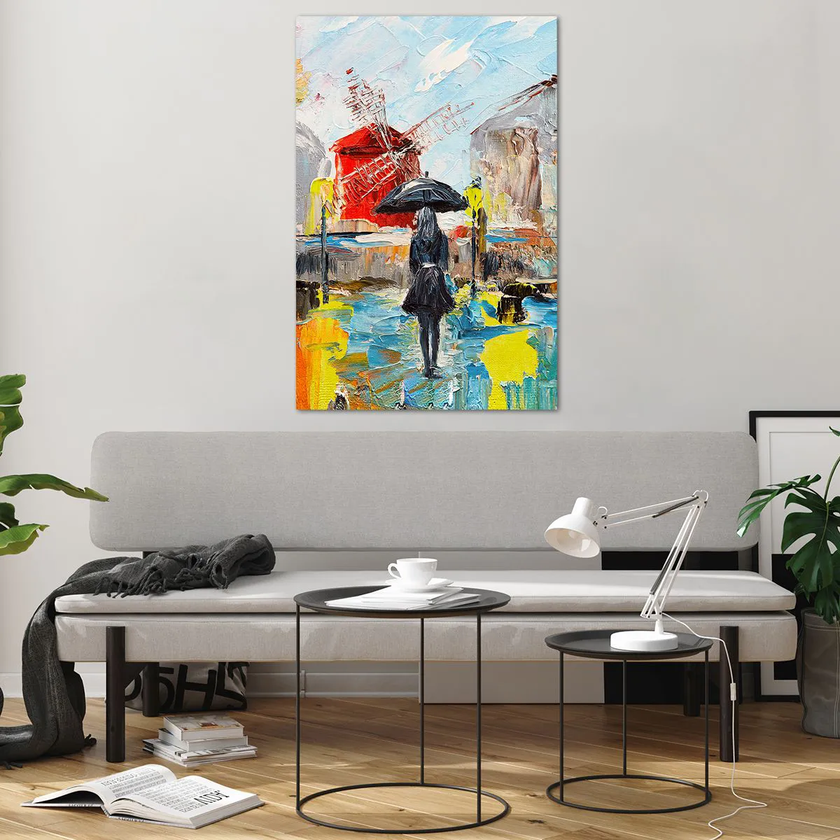 Glasbild - Bild auf glas - Eine malerische Szene mit einem Regenschirm vor der Kulisse von Paris in leuchtenden Farben. - 80x120cm - Pariser Legenden - Moderne Wanddekoration für Wohnzimmer und Schlafzimmer ARTTOR