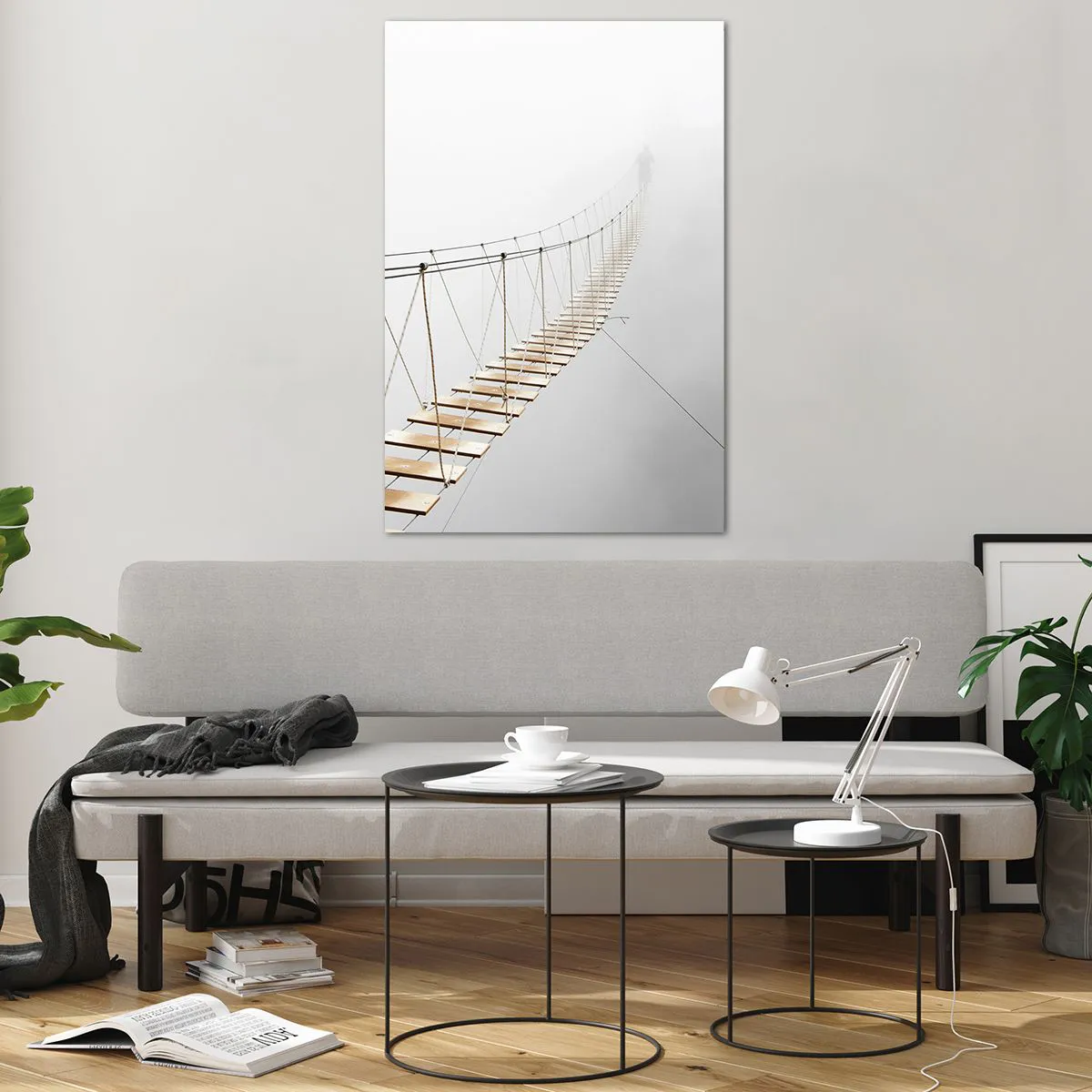 Impression sur verre - Image sur verre - Un pont suspendu dans le brouillard vu d'une perspective minimaliste - 80x120cm - Où cela va-t-il te mener? - Décoration murale moderne pour le salon et la chambre ARTTOR
