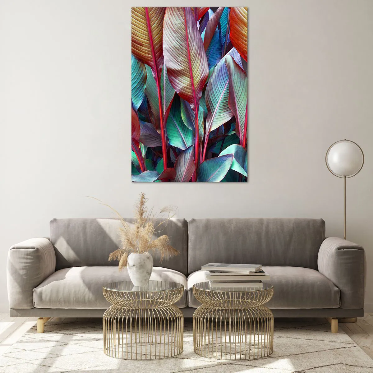 Quadro su vetro - Foglie colorate di piante tropicali nel folto - 80x120cm - Selva colorata - Decorazione murale moderna per soggiorno e camera da letto ARTTOR