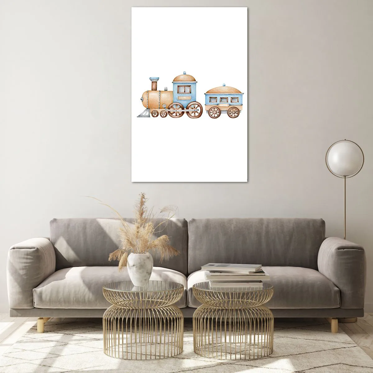 Impression sur verre - Image sur verre - Dessin d'un train aux tons pastel sur fond blanc - 80x120cm - Il est à la gare... - Décoration murale moderne pour le salon et la chambre ARTTOR