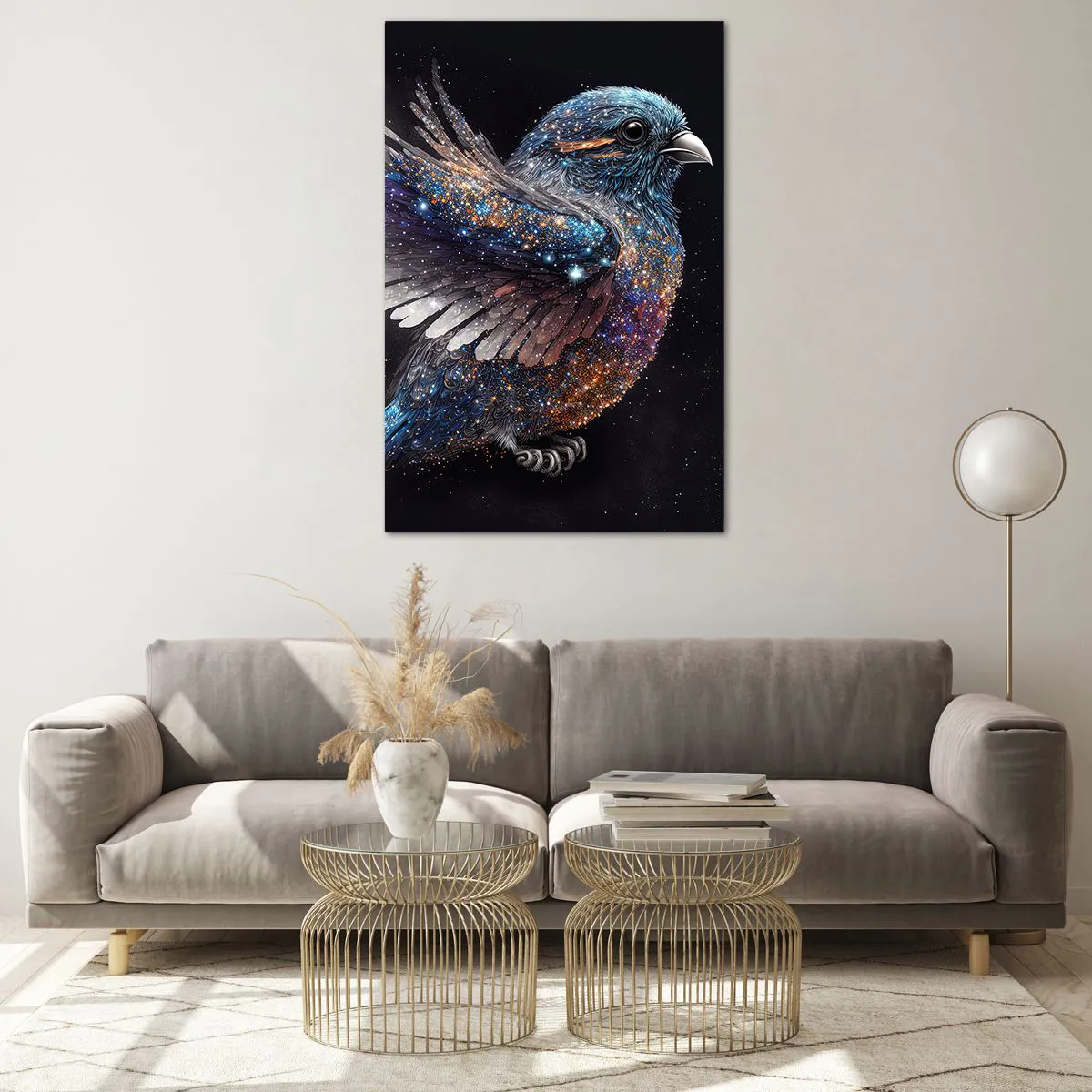 Glasbild - Bild auf glas - Ein Spatz im Space-Age-Stil mit Diamantglanz - 80x120cm - Diamantsperling - Moderne Wanddekoration für Wohnzimmer und Schlafzimmer ARTTOR