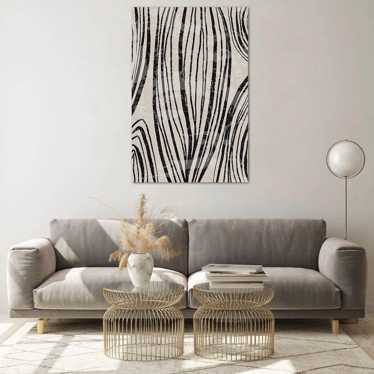 Glasbild - Bild auf glas - Abstrakte Wellen in Schwarz-Weiß-Tönen - 80x120cm - Linienpool - Moderne Wanddekoration für Wohnzimmer und Schlafzimmer ARTTOR