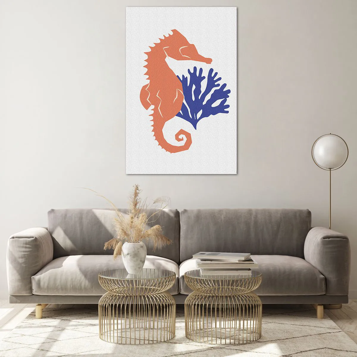 Obraz na szkle - Minimalistyczna ilustracja konika morskiego z koralowcem na jasnym tle - 80x120cm - Na podwodnej łące - Nowoczesna dekoracja ścienna do salonu i sypialni ARTTOR