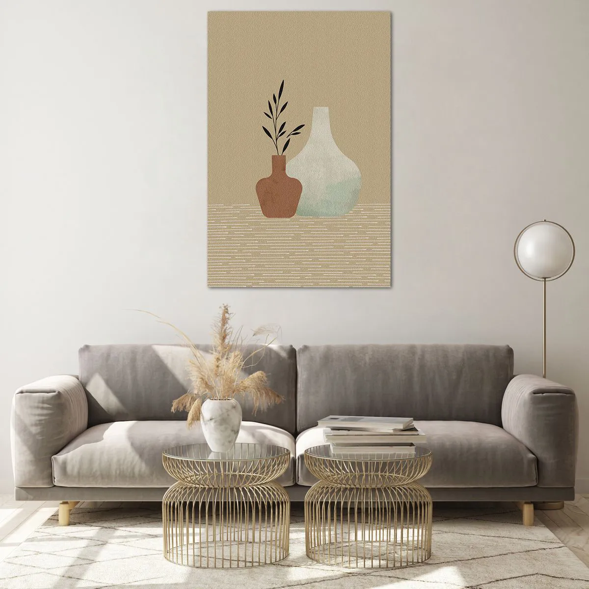 Obraz na szkle - Minimalistyczna kompozycja dwóch wazonów na beżowym tle - 80x120cm - Wazon i jego idea - Nowoczesna dekoracja ścienna do salonu i sypialni ARTTOR